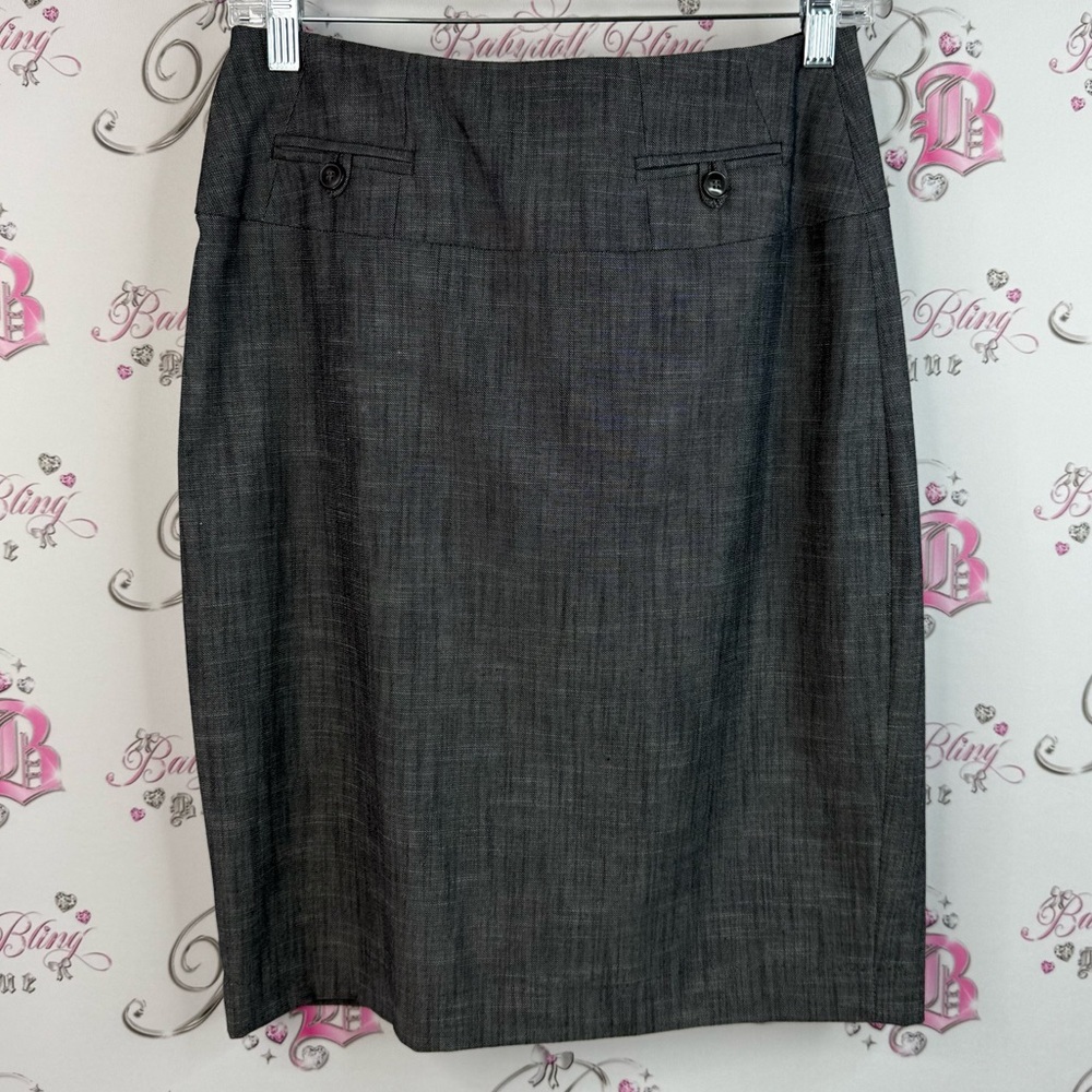Le Chateau skirt button detail pocket look front Dark Gray Pencil Skirt